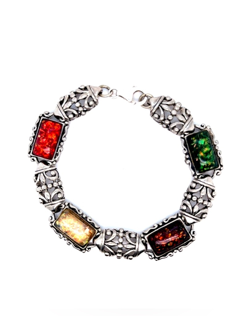 Multicolor Glass Stone Filigree Silver-Tone Bracelet (E5)‎